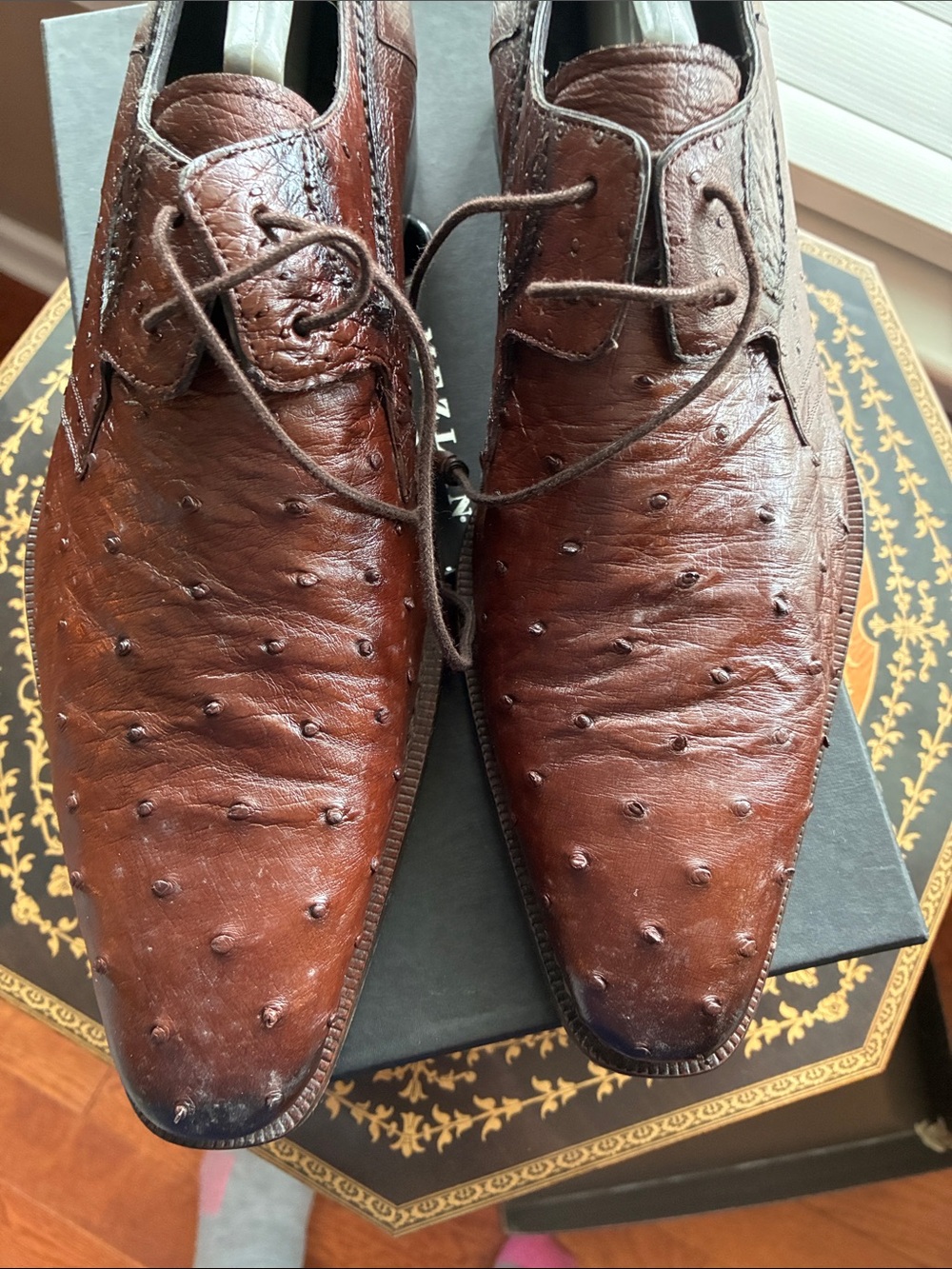 Mezlan Platinum Men’s 10.5 M Brown Romano Ostrich Leather Derby Lace-Up Shoes - Picture 2 of 16